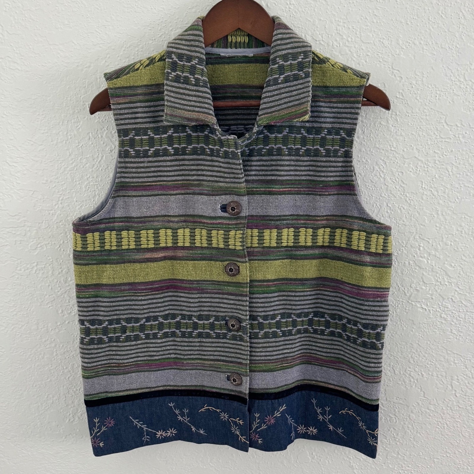 Vtg Cowgirl Chore Tapestry Western Aztec Textile Button Up Vest Large 90s Boho